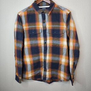 REI Plaid Flannel Shirt Mens Sz Medium Blue Orange Brown 100% Cotton Lumberjack